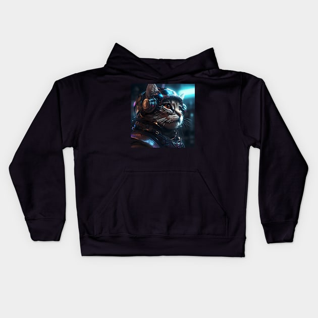 Cyberpunk cat with helmet Kids Hoodie by Keciu's Shop